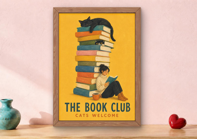 Book Club Print, Colourful Bookish Decor, Cat Lover Art, Reading Nook Poster