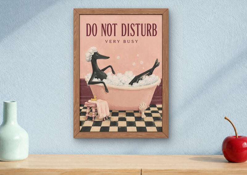 Funny Whippet Bath Art, Black Sighthound Bubble Bath Poster, Pink Bathroom Decor