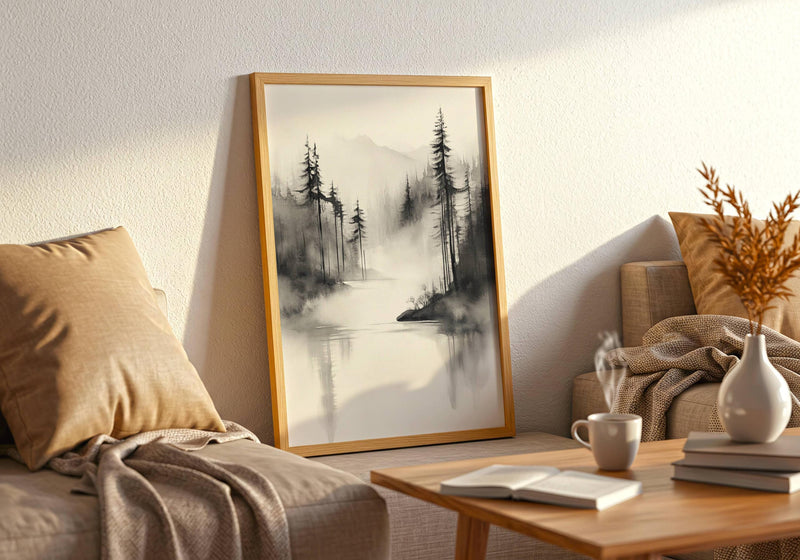 Japandi Forest Print: Sumi-e Ink Landscape, Zen Wall Art