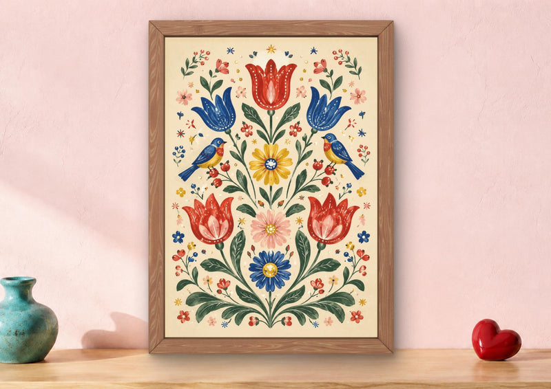 Colourful Scandinavian Folk Art Birds Print