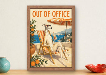 Whippet "Out of Office" Art Print, Mediterranean Dog Poster
