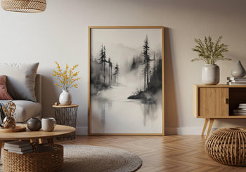 Japandi Forest Print: Sumi-e Ink Landscape, Zen Wall Art