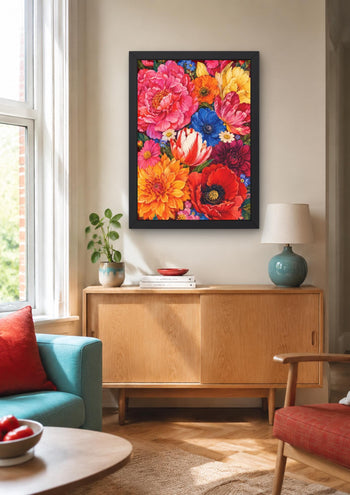Maximalist Floral Wall Art, Colourful Peonies Poppies Tulips Dahlias Print