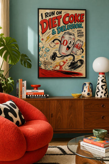 Diet Coke & Delusion Print | Retro Rubber Hose Cartoon Art, Kitchen Wall Decor