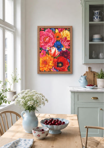 Maximalist Floral Wall Art, Colourful Peonies Poppies Tulips Dahlias Print