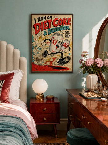 Diet Coke & Delusion Print | Retro Rubber Hose Cartoon Art, Kitchen Wall Decor