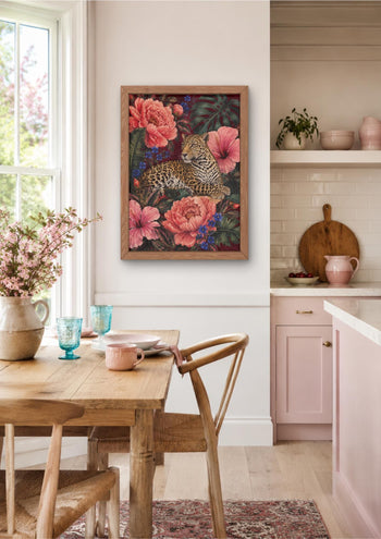 Maximalist Leopard Print, Floral Jungle Wall Art, Burgundy Botanical Decor