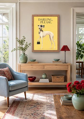 Fashion Whippet Print, Elegant Dog with Sunglasses, Yellow Maximalist Wall Art