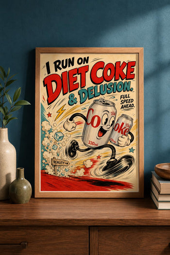 Diet Coke & Delusion Print | Retro Rubber Hose Cartoon Art, Kitchen Wall Decor