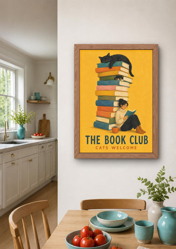 Book Club Print, Colourful Bookish Decor, Cat Lover Art, Reading Nook Poster
