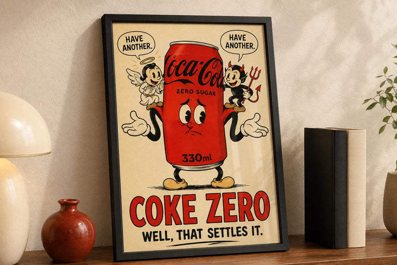 Coke Zero Angel Devil Poster | Retro Rubber Hose Cartoon Art, Kitchen Print