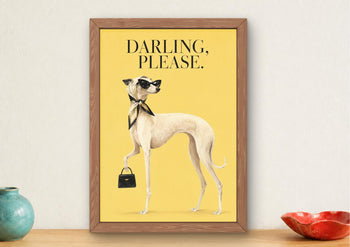 Fashion Whippet Print, Elegant Dog with Sunglasses, Yellow Maximalist Wall Art
