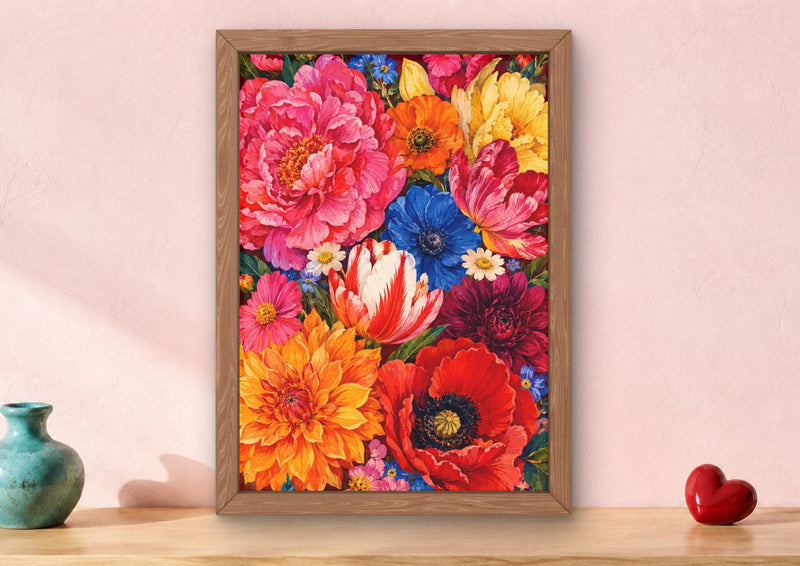 Maximalist Floral Wall Art, Colourful Peonies Poppies Tulips Dahlias Print
