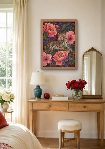 Maximalist Leopard Print, Floral Jungle Wall Art, Burgundy Botanical Decor