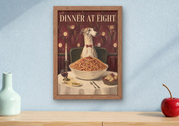Whippet Spaghetti Dinner Print, Funny Italian Food Dog Art, Kitchen Wall Poster