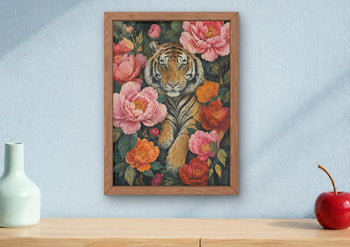 Maximalist Tiger Floral Art Print, Botanical Peony Animal Poster, Jungle Gallery Wall