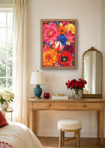 Maximalist Floral Wall Art, Colourful Peonies Poppies Tulips Dahlias Print