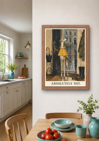 Funny Whippet Print, Dog in Yellow Raincoat, Mid-Century Wall Art