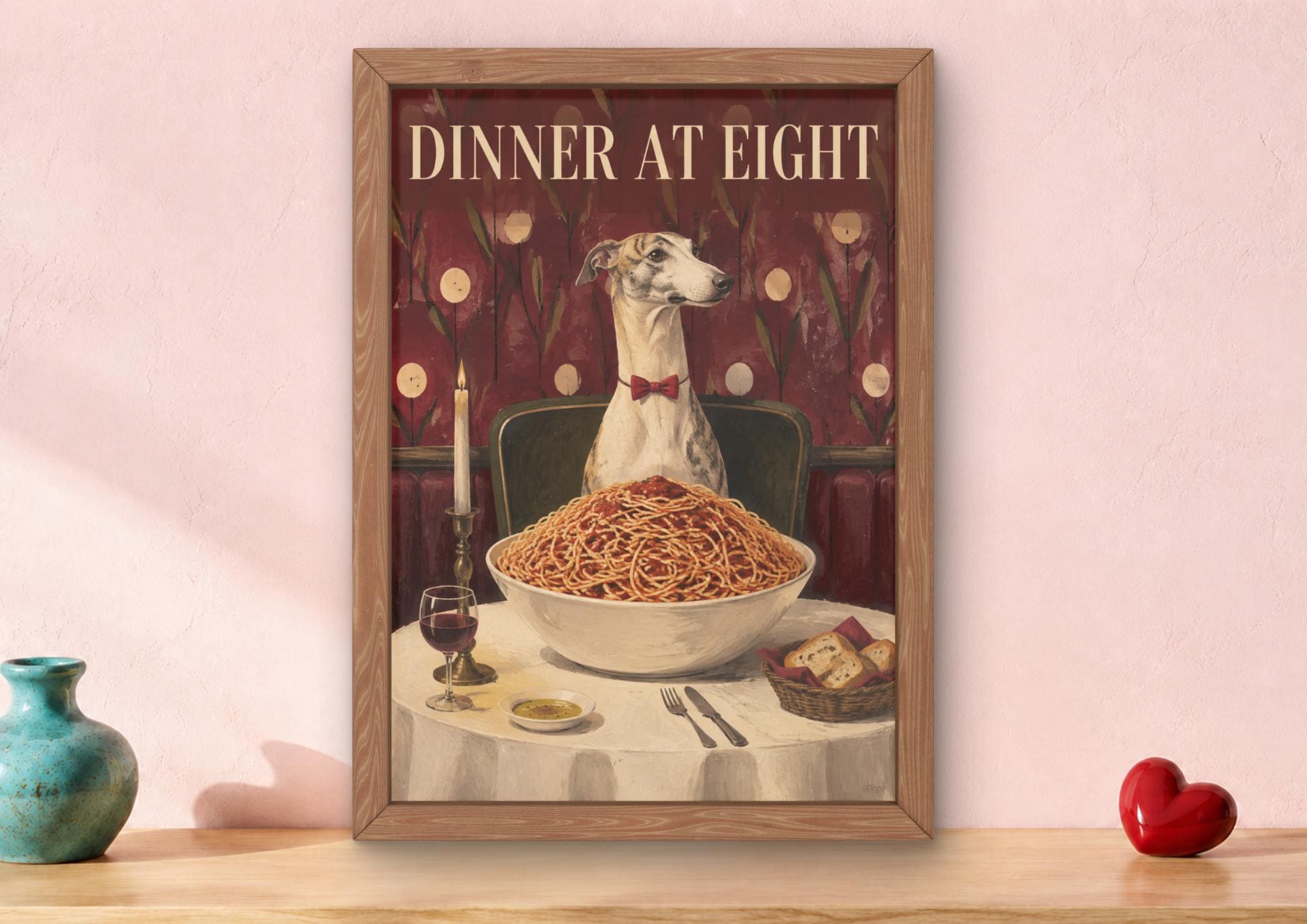 Whippet Spaghetti Dinner Print, Funny Italian Food Dog Art, Kitchen Wall Poster