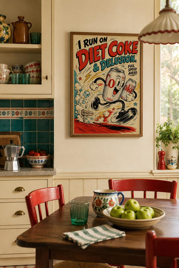 Diet Coke & Delusion Print | Retro Rubber Hose Cartoon Art, Kitchen Wall Decor
