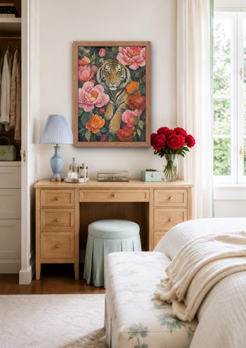 Maximalist Tiger Floral Art Print, Botanical Peony Animal Poster, Jungle Gallery Wall