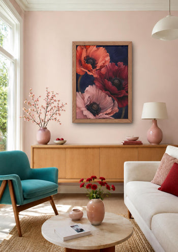 Moody Poppy Print, Red Floral Wall Art, Dark Botanical Navy Bedroom Decor