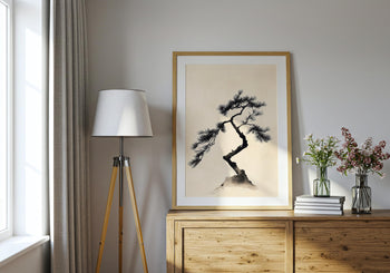 Japandi Pine Tree Print: Minimalist Japanese Ink Wall Art
