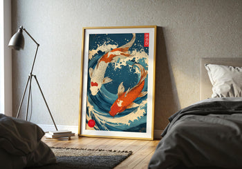 Japanese Koi Fish Art Print: Vibrant Ocean Wave, Zen Home Decor