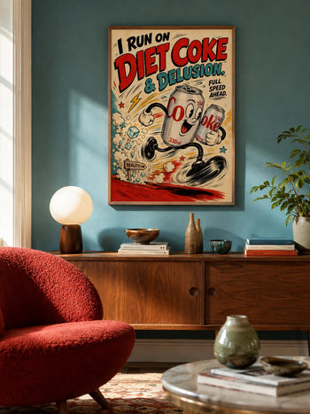 Diet Coke & Delusion Print | Retro Rubber Hose Cartoon Art, Kitchen Wall Decor