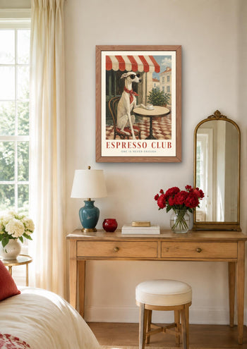 Whippet Espresso Club Print, Italian Cafe Wall Art, Sighthound Coffee Poster