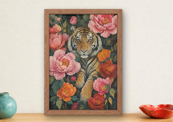 Maximalist Tiger Floral Art Print, Botanical Peony Animal Poster, Jungle Gallery Wall