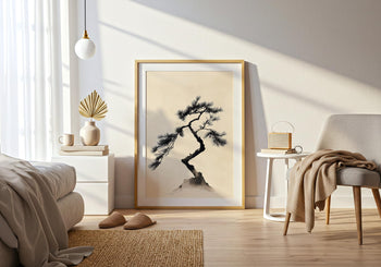 Japandi Pine Tree Print: Minimalist Japanese Ink Wall Art