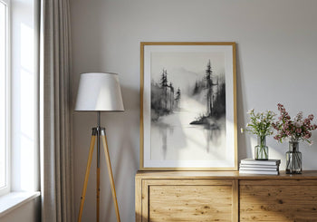 Japandi Forest Print: Sumi-e Ink Landscape, Zen Wall Art