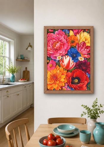 Maximalist Floral Wall Art, Colourful Peonies Poppies Tulips Dahlias Print