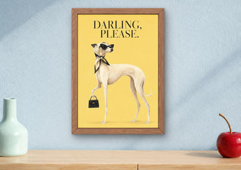 Fashion Whippet Print, Elegant Dog with Sunglasses, Yellow Maximalist Wall Art