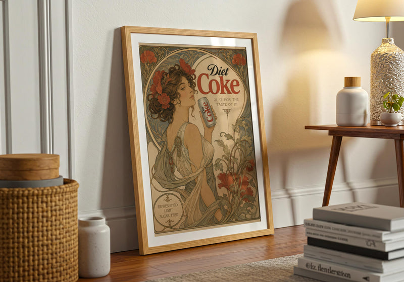 Art Nouveau Diet Coke Print, Vintage Floral Retro Poster, Maximalist Kitchen Decor