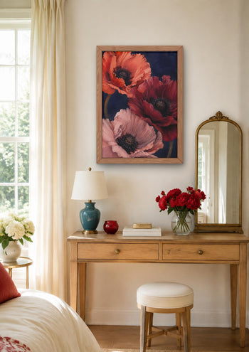 Moody Poppy Print, Red Floral Wall Art, Dark Botanical Navy Bedroom Decor