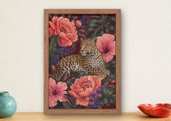 Maximalist Leopard Print, Floral Jungle Wall Art, Burgundy Botanical Decor