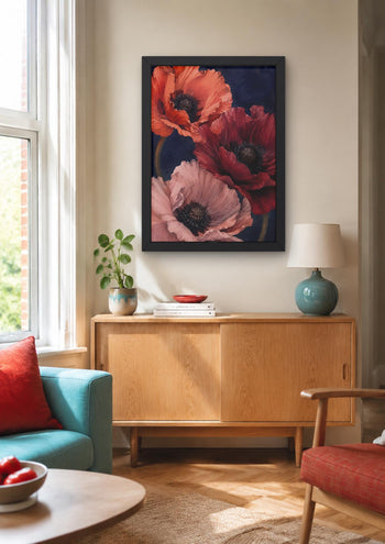 Moody Poppy Print, Red Floral Wall Art, Dark Botanical Navy Bedroom Decor