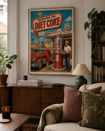 Retro Route 66 Diet Coke Print | Vintage Americana Gas Station Wall Art
