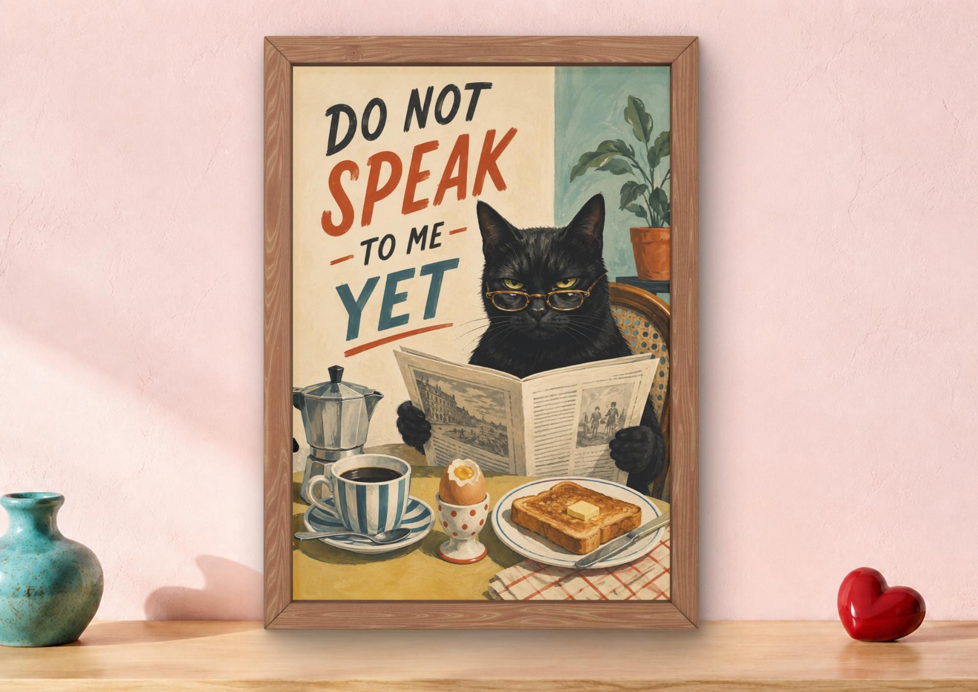 Funny Black Cat Morning Coffee Print, Grumpy Cat Wall Art, Kitchen Decor