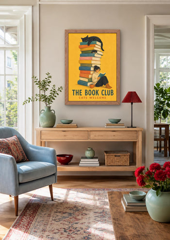 Book Club Print, Colourful Bookish Decor, Cat Lover Art, Reading Nook Poster