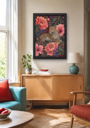 Maximalist Leopard Print, Floral Jungle Wall Art, Burgundy Botanical Decor
