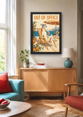 Whippet "Out of Office" Art Print, Mediterranean Dog Poster