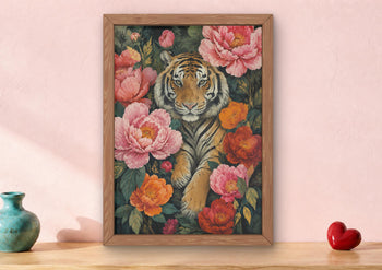 Maximalist Tiger Floral Art Print, Botanical Peony Animal Poster, Jungle Gallery Wall
