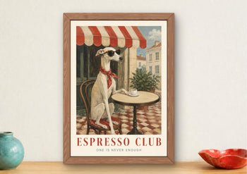 Whippet Espresso Club Print, Italian Cafe Wall Art, Sighthound Coffee Poster