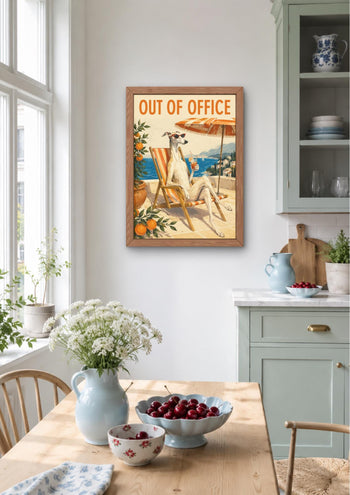 Whippet "Out of Office" Art Print, Mediterranean Dog Poster