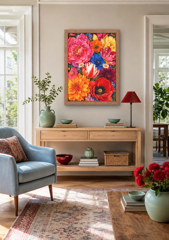 Maximalist Floral Wall Art, Colourful Peonies Poppies Tulips Dahlias Print