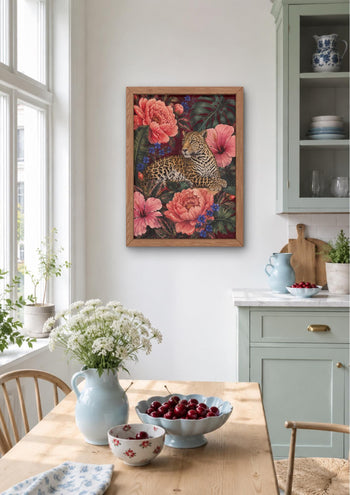 Maximalist Leopard Print, Floral Jungle Wall Art, Burgundy Botanical Decor