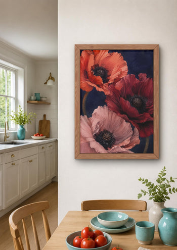 Moody Poppy Print, Red Floral Wall Art, Dark Botanical Navy Bedroom Decor